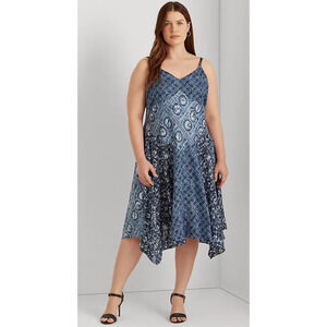 Lauren Ralph Lauren Patchwork Print Linen Blue Multi Dress Size 14